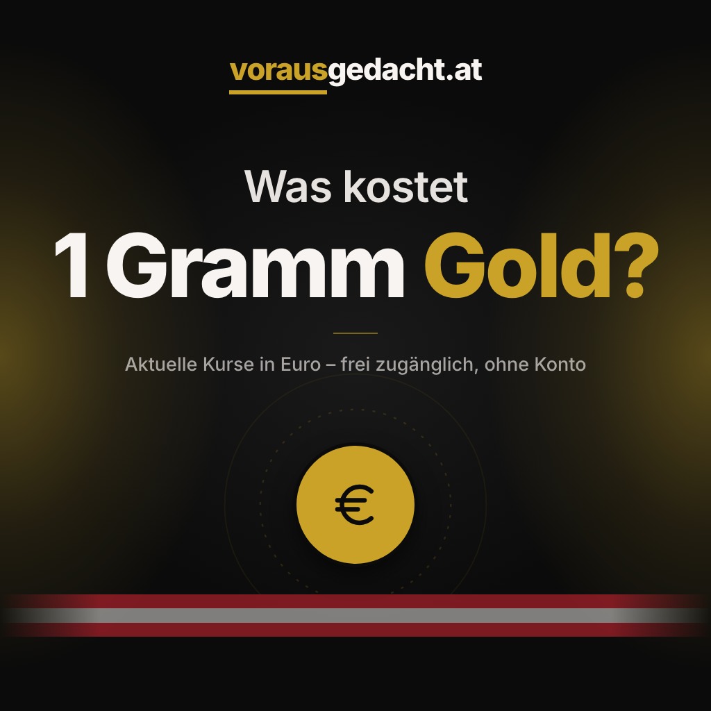 Schwarzes quadratisches Motiv mit großer zweizeiliger Frage „Was kostet 1 Gramm Gold?“, darunter die Zeile „Aktuelle Kurse in Euro – frei zugänglich, ohne Konto“. Oben die Wortmarke vorausgedacht.at; in der unteren Bildhälfte eine goldene Medaille mit Euro-Zeichen, umgeben von zwei schwachen konzentrischen Bögen; quer über den unteren Rand ein rot-weiß-rotes Band.