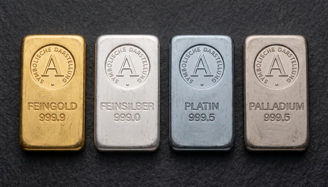 Vier gleich große Barren nebeneinander in Gold, Silber, Platin und Palladium, gleichmäßig ausgeleuchtet.